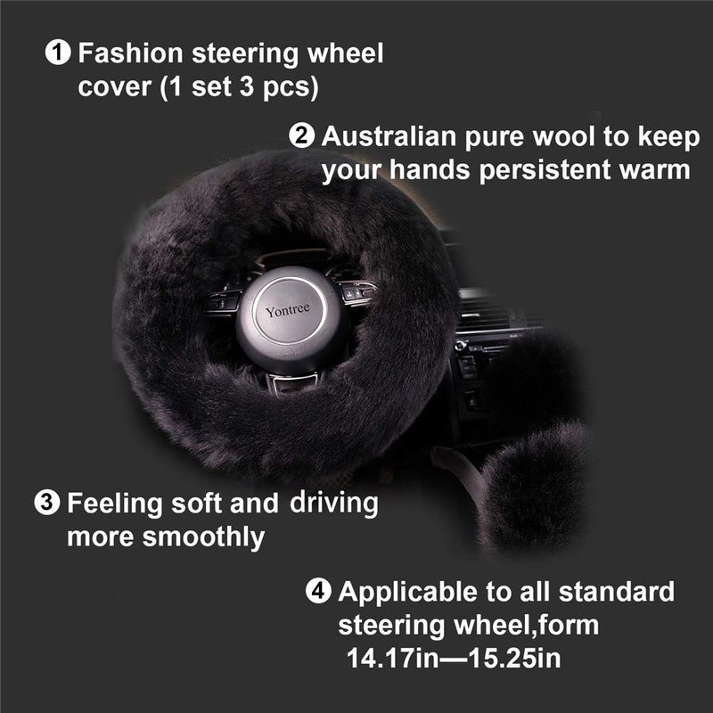 Yontree Fashion Fluffy Steering Wheel Covers for Women/Girls/Ladies/Men Australia Pure Wool Universal 15 Inch 1 Set 3 Pcs (Black) - Image 4